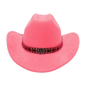 Pink western cowboy hat detail featuring brown leather band with vintage metal studs