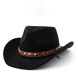 Classic black faux suede cowboy hat featuring a leather band with silver studs and V-buckles