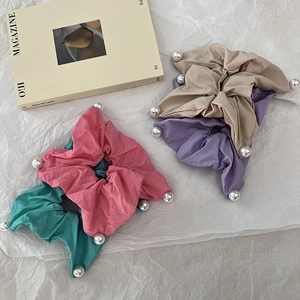 Four-piece set of elegant square fabric scrunchies with pearl beads for women's hair