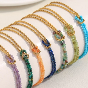 Fashion Twisted Rope Chain Bracelet 18K Gold Plated Stainless Steel Natural Stone Spliced Beads Adjustable Jewelry Women
