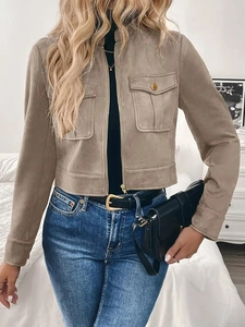Women Short Jacket Faux Suede Zip Up Stand Collar Retro Slim Fit Cargo Pockets Outerwear