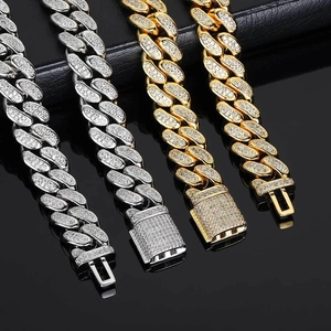 Hip hop style 12mm Cuban link chains in gold and silver finish with iced out rhinestones