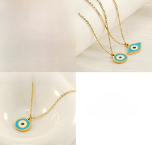 Detailed views of gold stainless steel evil eye pendant with blue and white enamel inlay