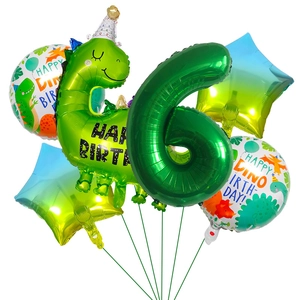 Detailed set of dinosaur themed 6th birthday party balloons with green dino and number 6