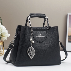 Elegant Litchi Grain PU Leather Handbag For Women With Chain Handle Leaf Artificial Pearl Pendant Versatile Crossbody Bag Daily