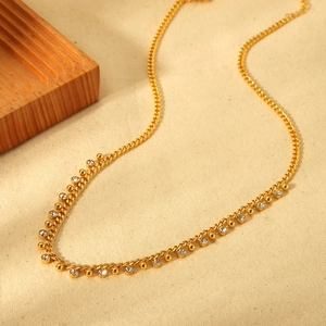 18k gold plated stainless steel Cuban chain necklace with rhinestone and bead tassels