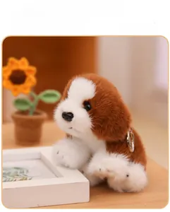 Detailed view of fluffy brown and white plush dog keychain with realistic soft faux fur texture