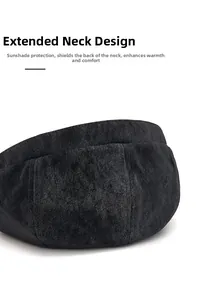 Detail of newsboy hat with extended neck design for added warmth and cold protection