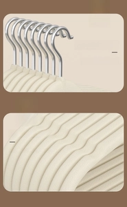 Detail of beige flocked clothes hanger featuring a non-slip texture and silver metal hook