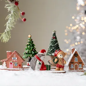 Miniature Christmas resin village set with gingerbread houses and festive bear figurines