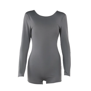 Slim fit dark grey long sleeve bodysuit for women with open back and elastic knit fabric