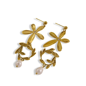 Elegant 14K gold-plated floral leaf earrings with hanging white pearl drops for women