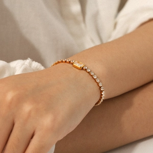 Bracelet Tennis En Acier Inoxydable Plaque Or Avec Zircon Rectangulaire Bijou Elegant Et Tendance Pour Femme