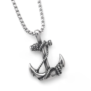 Vintage stainless steel anchor pendant necklace with rope detail and silver box chain