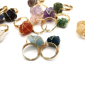 Handmade raw crystal quartz wire wrapped rings with adjustable gold bands for women