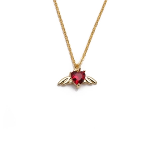 Gold angel wing necklace with red heart pendant for women, minimalist festive jewelry gift