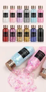 Detailed view of 30g sparkling glitter gel with dimensions and leopard print lid