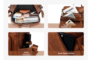 Detail view showing multi-pocket storage including front pockets and anti-theft back bag