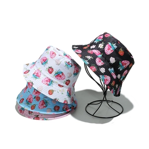 Strawberry Print Bucket Hat Polyester Sun Protection Sweet Summer Outdoor Beach Hat For Women Girls