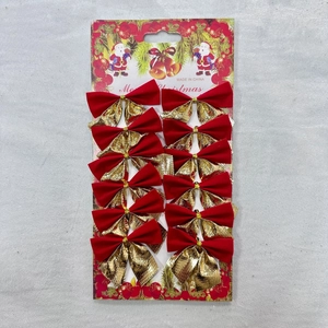 Set of 12 red and gold Christmas tree bow decorations in retail card packaging