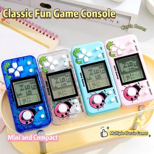 Classic handheld Tetris game console in blue and pink with cute cartoon patterns