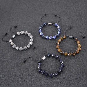 Adjustable faceted natural stone beaded bracelets including tiger eye and blue sodalite