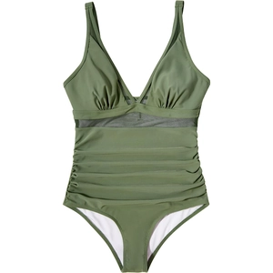 Olive green one-piece swimsuit with mesh waist cutout and ruched tummy control design