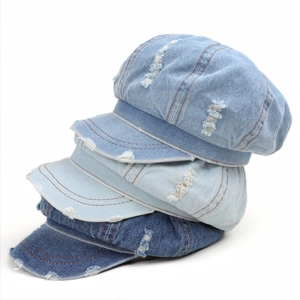 Distressed denim octagonal beret hats in three shades of blue with vintage frayed edges