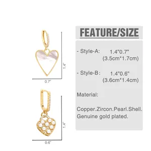 Size chart showing gold plated heart earrings with pearls, shell inlay and zircon details