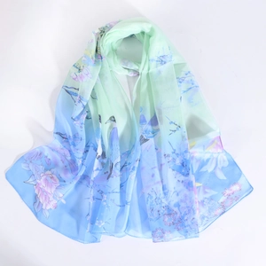 Elegant Women Chiffon Scarf Gradient Flower Bird Print Lightweight Long Satin Feel Wrap Shawl Vintage Chinese Style
