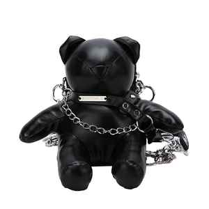Gothic punk style black PU leather bear bag with silver chain and adjustable strap