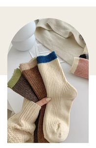 Detailed view of color-block wool socks featuring vertical ribbed knitting patterns