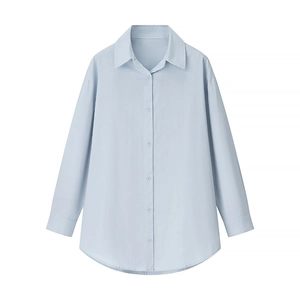 Women's light blue long sleeve linen shirt with classic collar and button-up front design