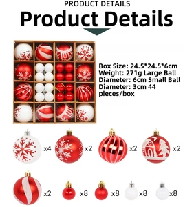 Detailed set of 44 red and white Christmas baubles with various patterns and sizes