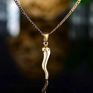 Polished gold Italian horn pendant necklace with a fine link chain for women