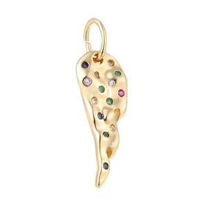 Detailed view of a gold wing pendant with colorful gemstones and a spring clasp closure