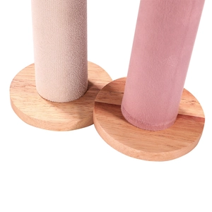 Support de présentation en bois avec rouleaux en velours beige et rose pour bijoux
