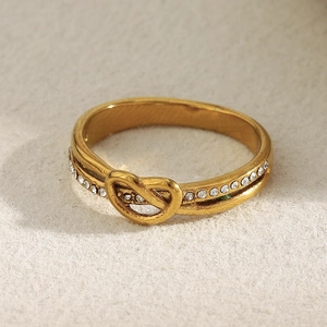 18K gold plated stainless steel heart knot ring with sparkling zircon inlays for women