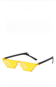 Front and side views of pixelated meme glasses with black frame and yellow lenses
