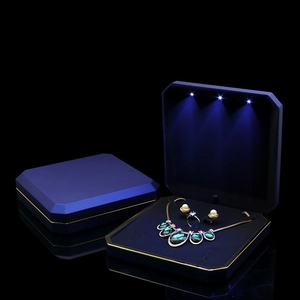 Navy blue LED jewelry box set with gold trim for necklaces, earrings and rings