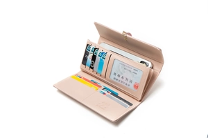 Interior view of pink PU leather wallet showing multiple card slots and mobile phone compartment