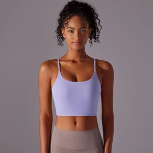Close-up of lavender high-impact sports bra with thin straps and seamless fabric texture