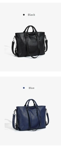 Detail view of large soft leather tote bags in black and blue with crossbody straps
