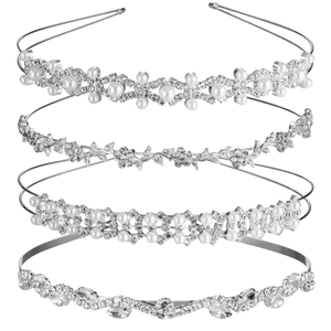 Detail view of 4-piece silver headband set with pearls and rhinestones on white background