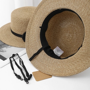 French style boater hat with rose ribbon and black wind rope for sun protection