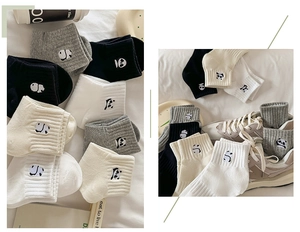 Detail shot of cotton ankle socks with cute panda embroidery in black, white and grey