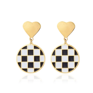 Elegant gold checkerboard heart earrings with black and white enamel finish for women