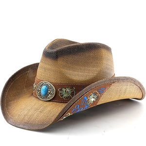 Chapeau De Cowboy En Paille Bord Large Protection Solaire Ethnique Broderie Turquoise Tissé Plage Été Unisexe