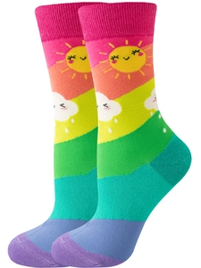 Detailed knit texture of colorful rainbow striped crew socks with sun and cloud pattern
