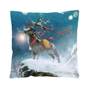 Detailed close-up of Christmas reindeer cushion cover with festive lantern and ribbon design